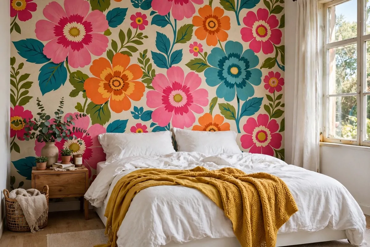 A bedroom with a bold retro floral wallpaper accent wall behind a white bed