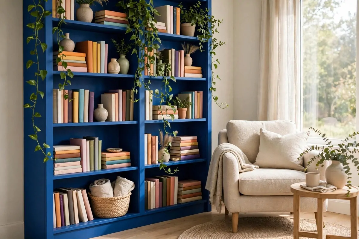 A cobalt blue painted bookshelf styled with colorful books and a plant