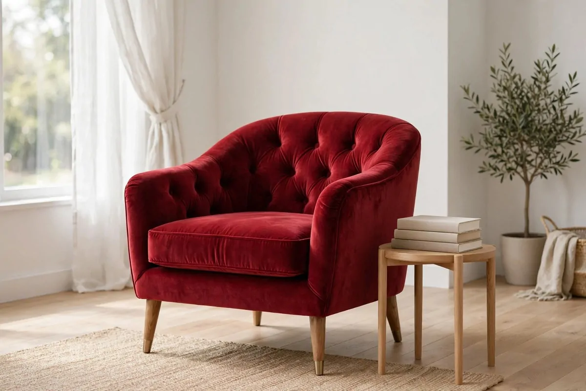 A cherry red velvet armchair in a neutral living room with white walls