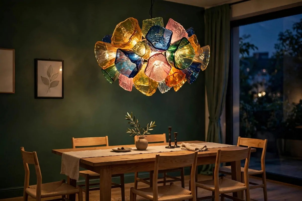 A large colorful glass pendant light glowing over a wooden dining table