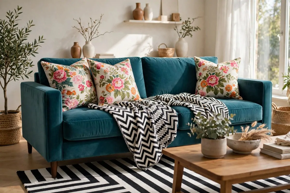 A teal velvet sofa with floral pillows, a striped rug and a geometric throw