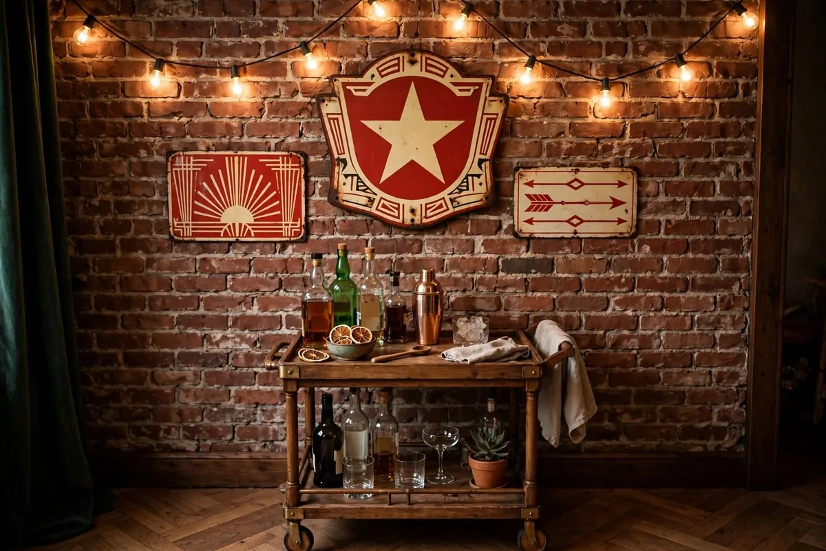 A brick wall with vintage retro metal signs and a bar cart with string lights