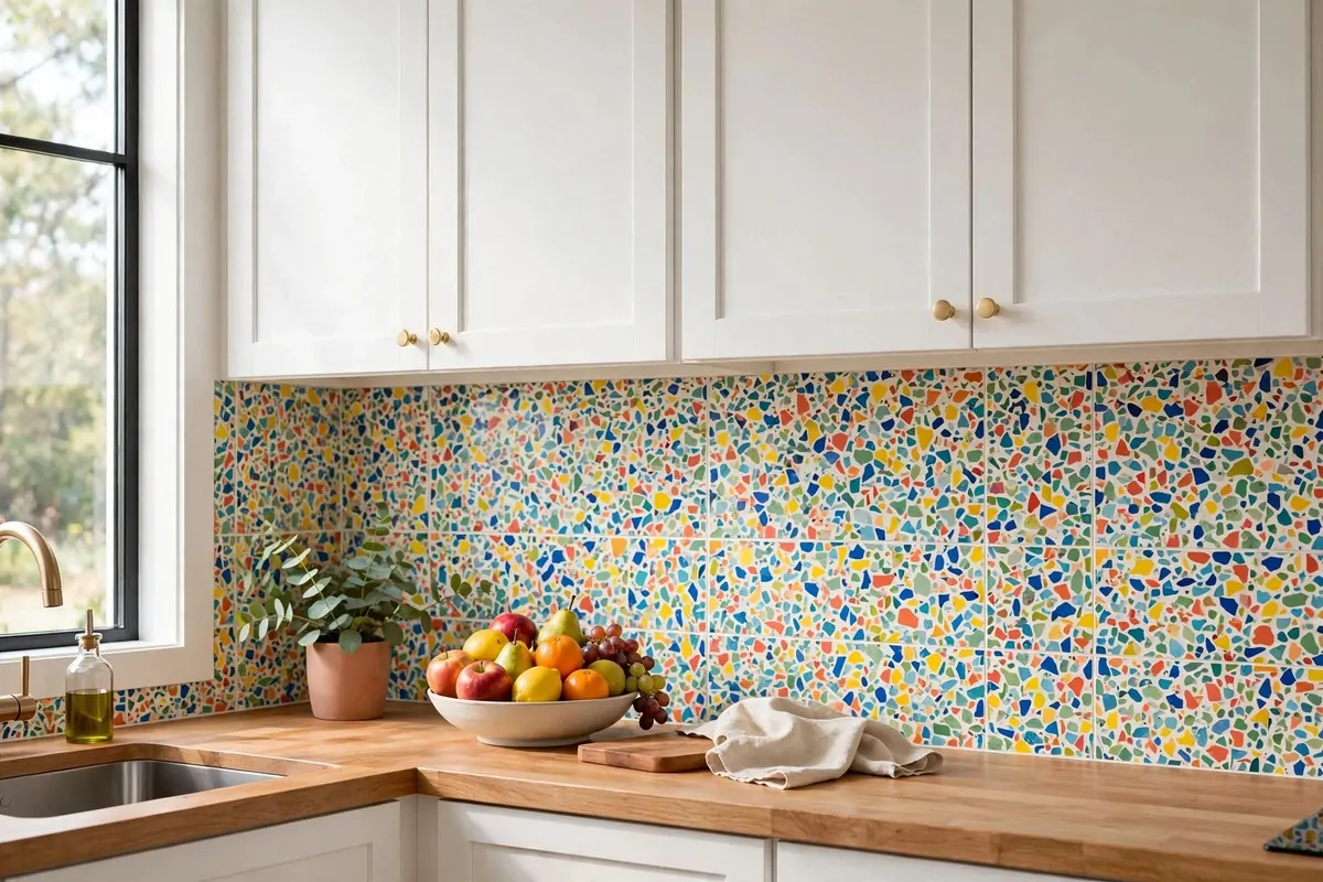 A kitchen with a colorful confetti ceramic tile backsplash and white cabinets
