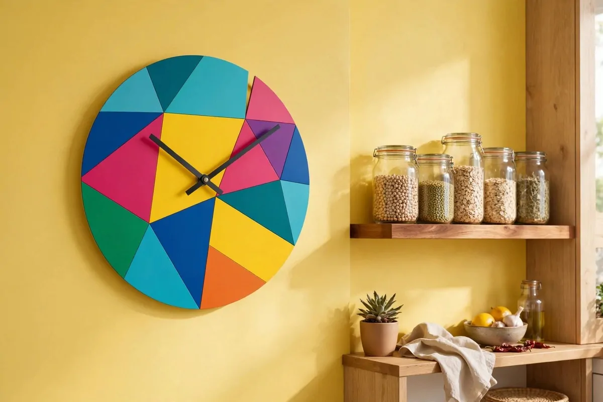 A bold multicolor geometric wall clock on a sunny yellow kitchen wall