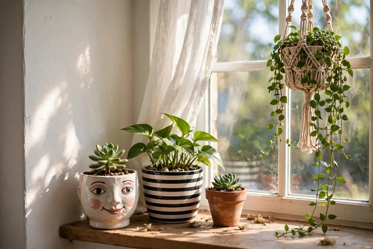 Houseplants in mismatched colorful planters by a sunny window
