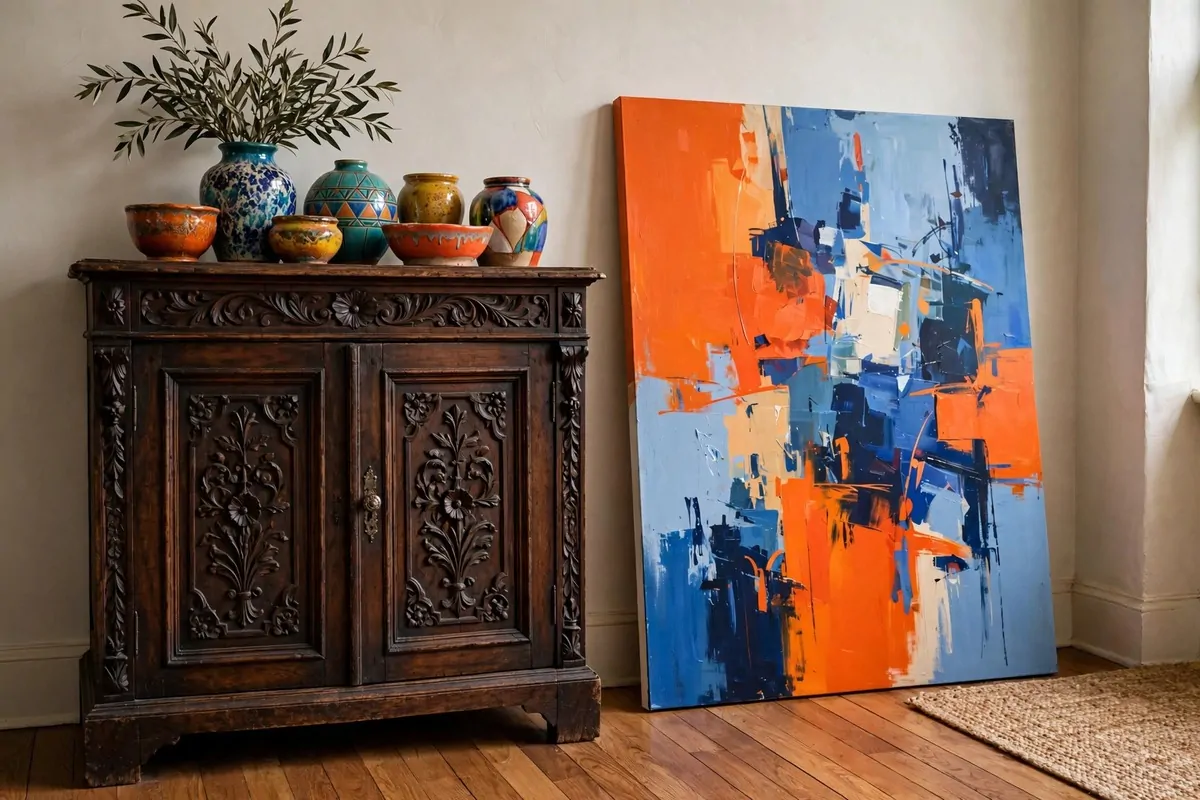 An antique wooden cabinet next to a bold abstract modern painting