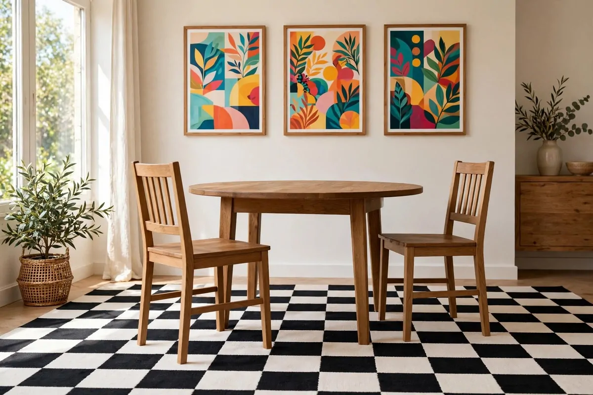 A black and white checkerboard rug under a round dining table