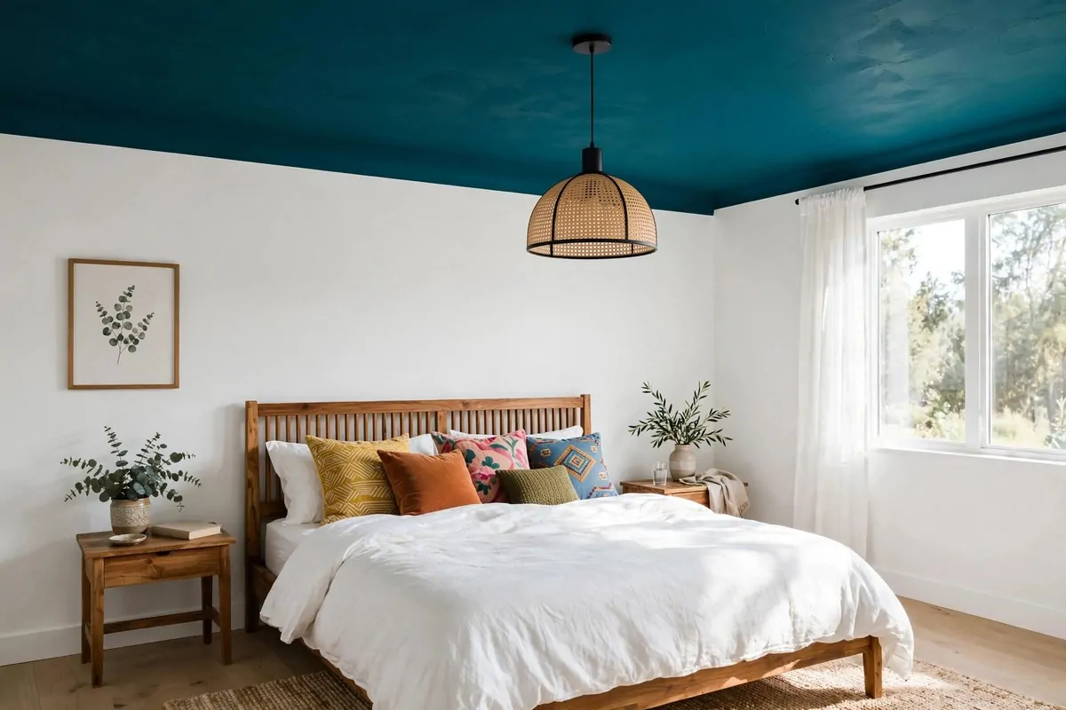 A bedroom with a deep teal painted ceiling and white walls