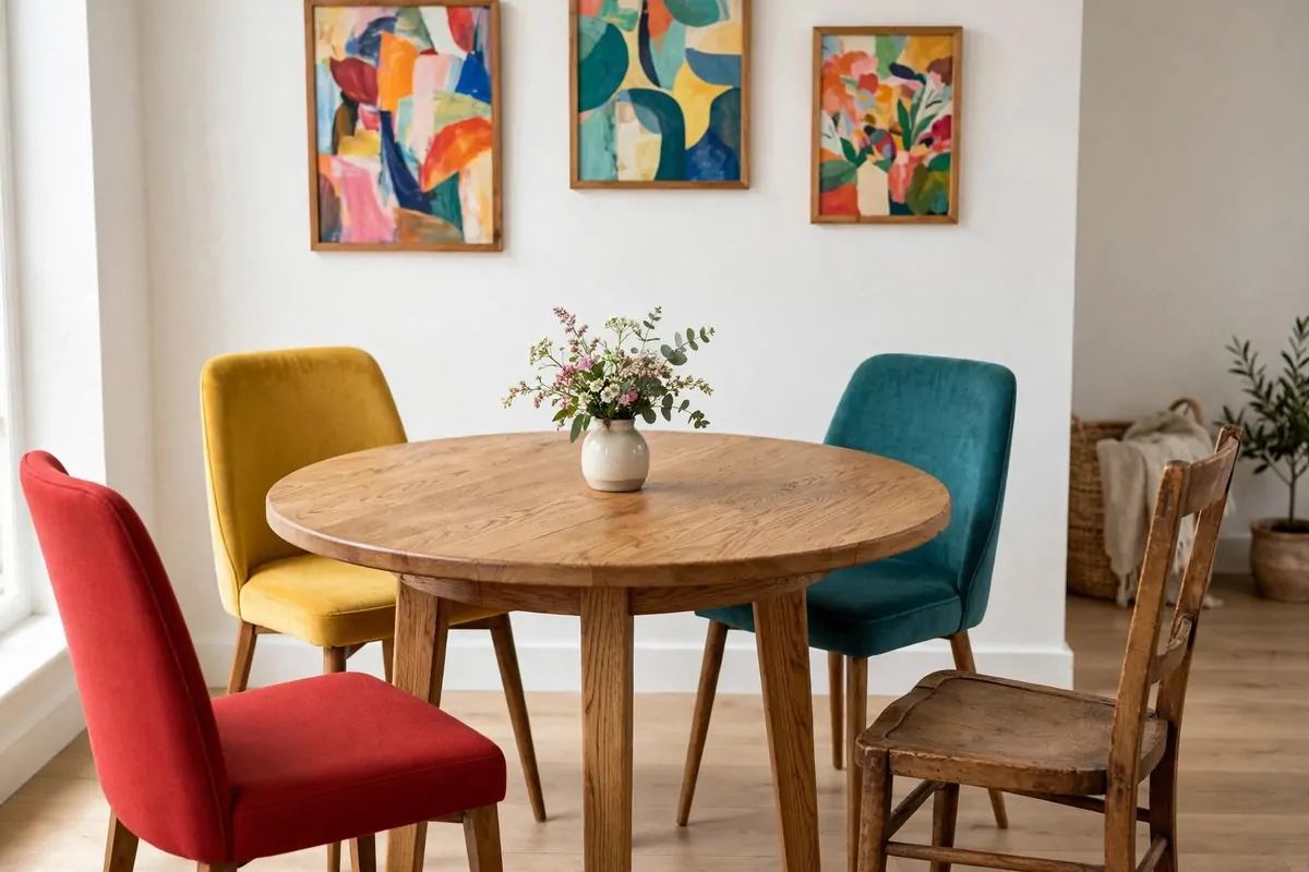 A round oak dining table with four mismatched colorful chairs