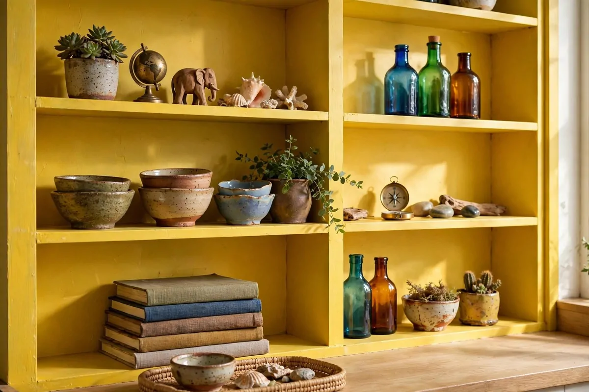 Bright yellow open shelves styled with ceramics, plants and colorful objects