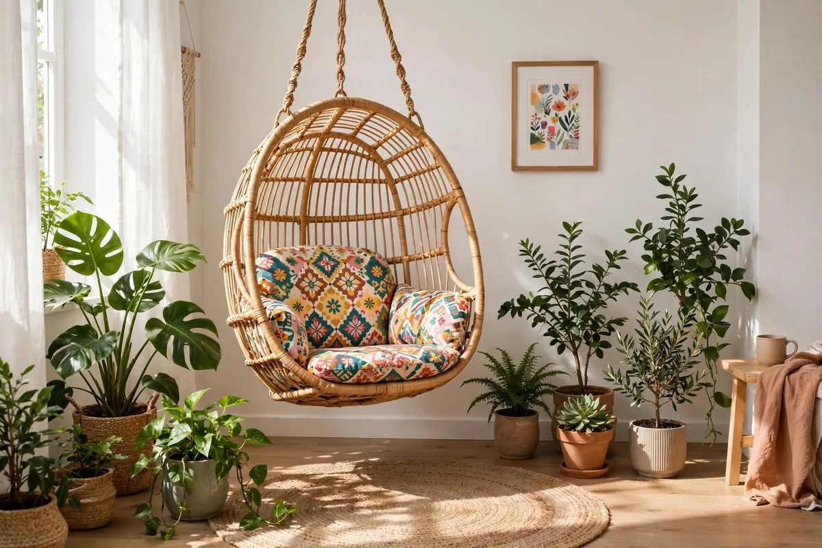 A hanging rattan egg chair with a colorful cushion in a bright plant-filled corner
