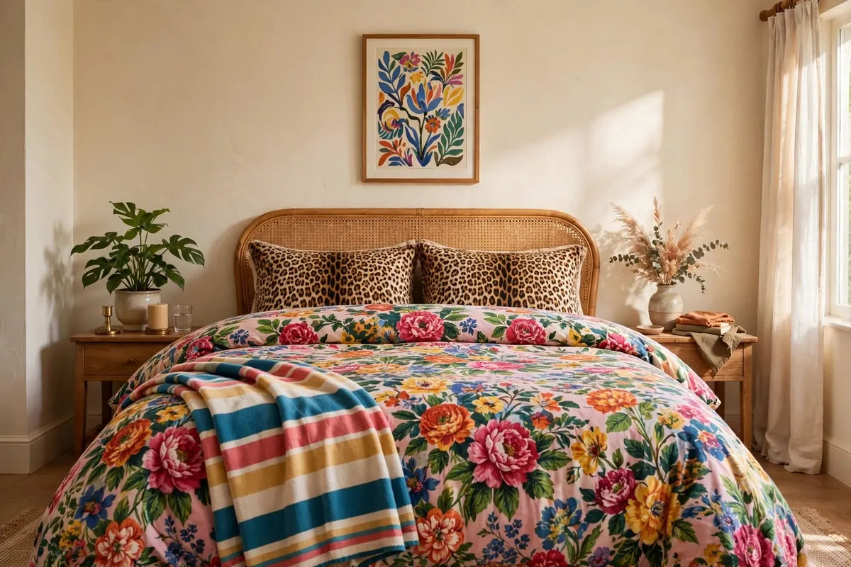 A bed with bold mixed print bedding, floral duvet and leopard pillows