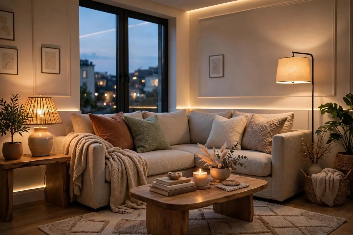 20 Future Home Ideas Everyone Will Want by 2030 1 Wide view of a futuristic yet cozy living room with curved furniture, warm lighting and large windows