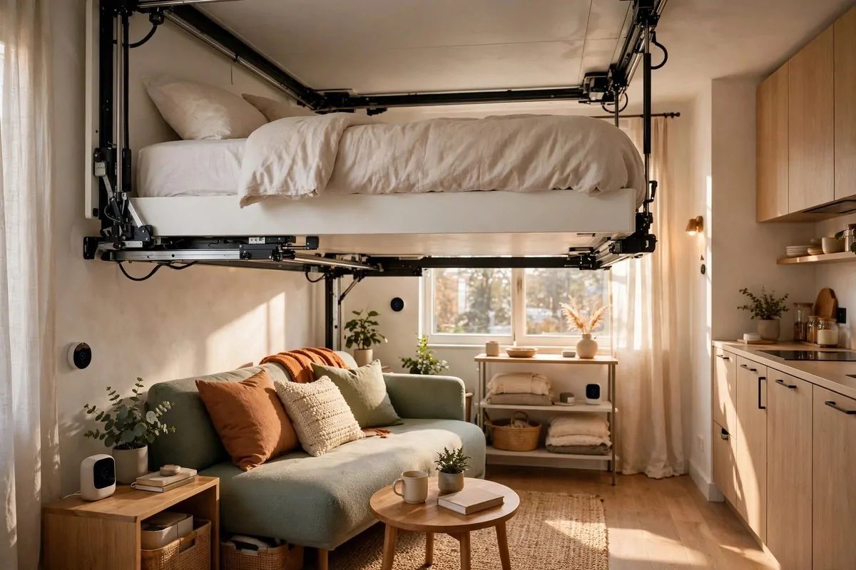20 Future Home Ideas Everyone Will Want by 2030 2 Small studio apartment with a bed rising toward the ceiling revealing a sofa lounge below