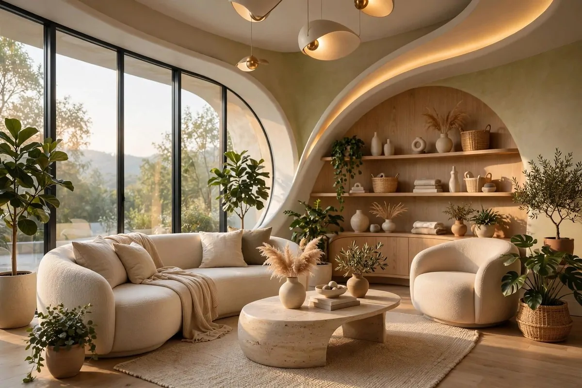 20 Future Home Ideas Everyone Will Want by 2030 3 Cozy living room at dusk with lamps glowing softly and warm light on furniture