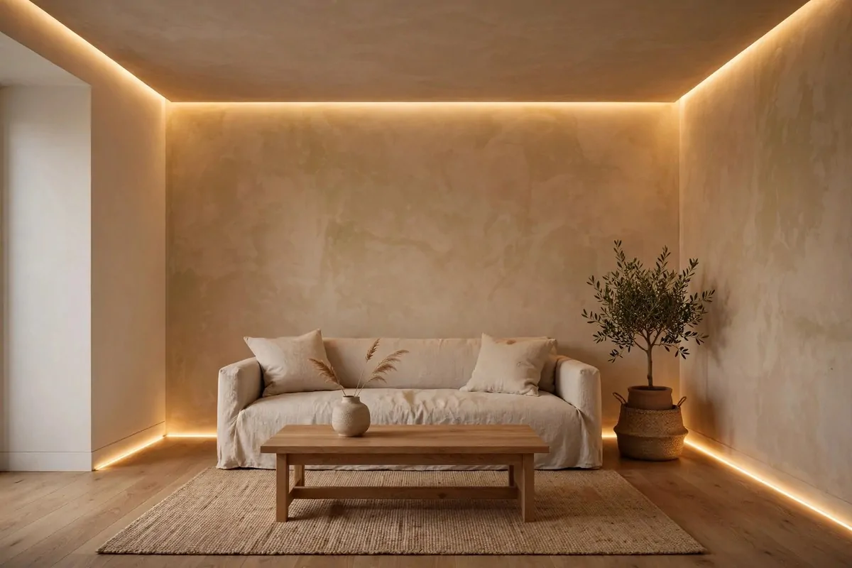 20 Future Home Ideas Everyone Will Want by 2030 4 Minimal calm living room with soft glow coming from hidden lights inside walls and ceiling