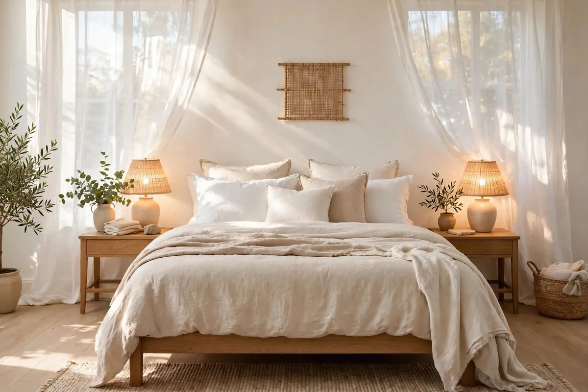 20 Future Home Ideas Everyone Will Want by 2030 5 Bright morning bedroom with soft daylight-colored lamps and sunlight streaming through sheer curtains