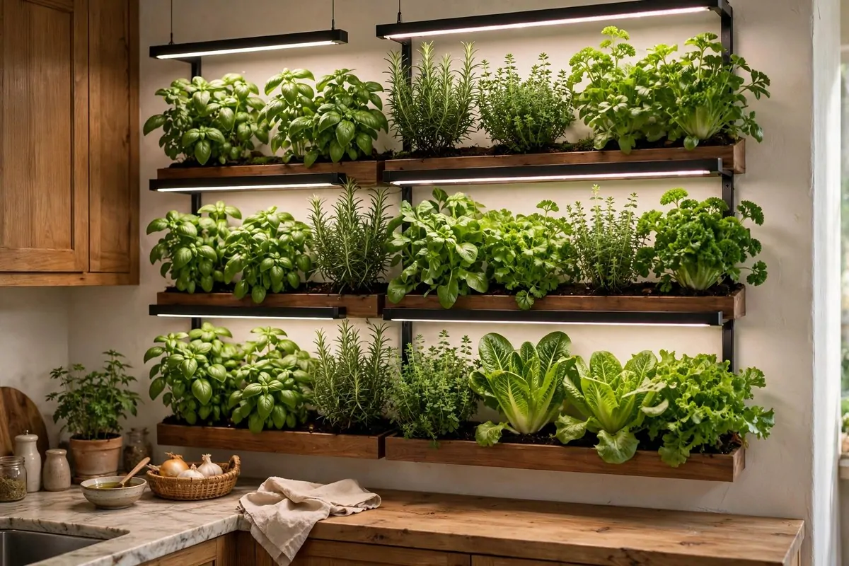 20 Future Home Ideas Everyone Will Want by 2030 6 Indoor wall garden with rows of green herbs and lettuce growing under soft grow lights in a kitchen