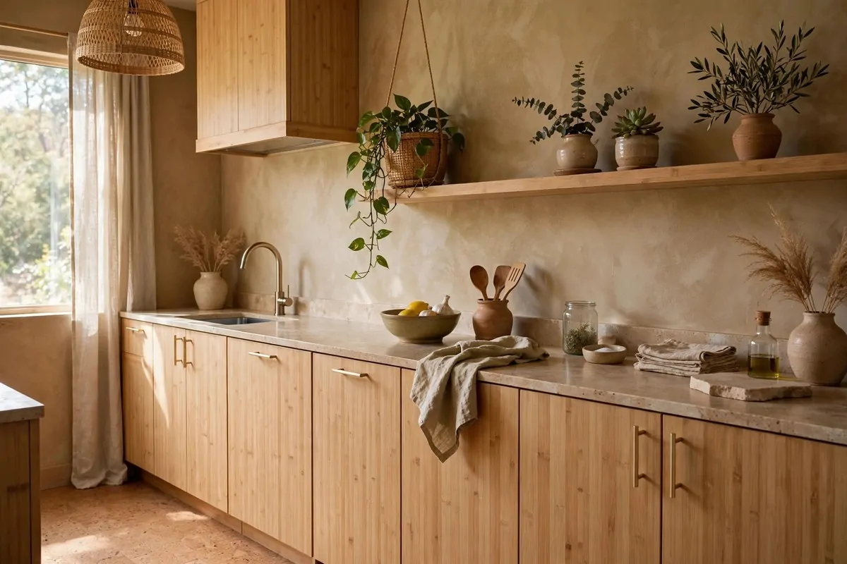 20 Future Home Ideas Everyone Will Want by 2030 7 Warm modern kitchen with light bamboo cabinets and cork flooring in natural tones