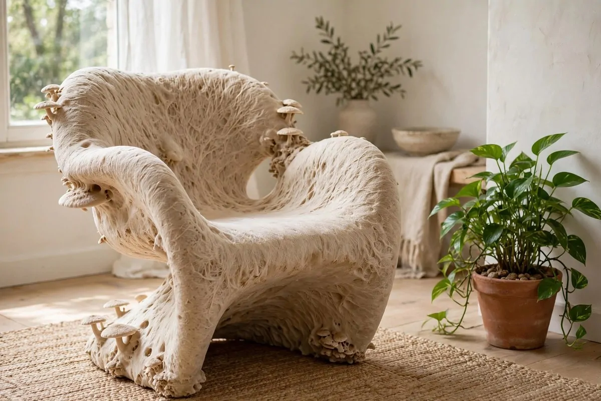 20 Future Home Ideas Everyone Will Want by 2030 8 Sculptural chair made of mushroom-based material beside a plant in a bright room