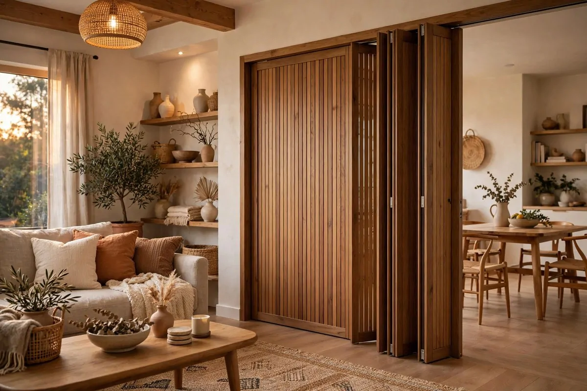 20 Future Home Ideas Everyone Will Want by 2030 9 Living room with wooden sliding partition walls half folded open between two spaces