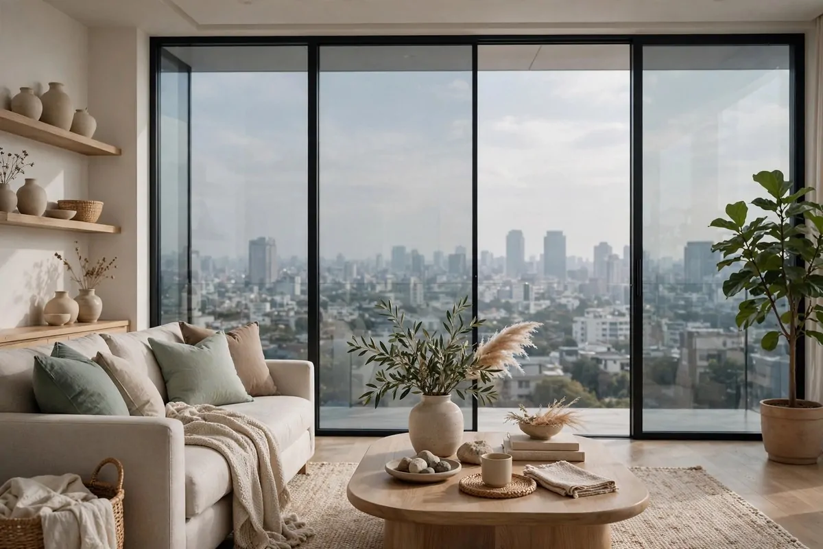 20 Future Home Ideas Everyone Will Want by 2030 10 Large glass windows with a soft tint overlooking a city view with a bright living room