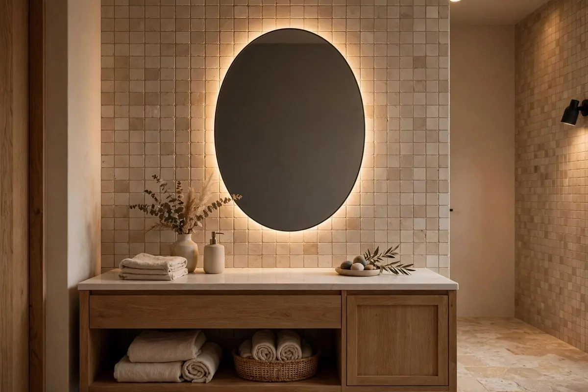 20 Future Home Ideas Everyone Will Want by 2030 11 Modern bathroom with an empty oval smart mirror glowing softly on a tiled wall