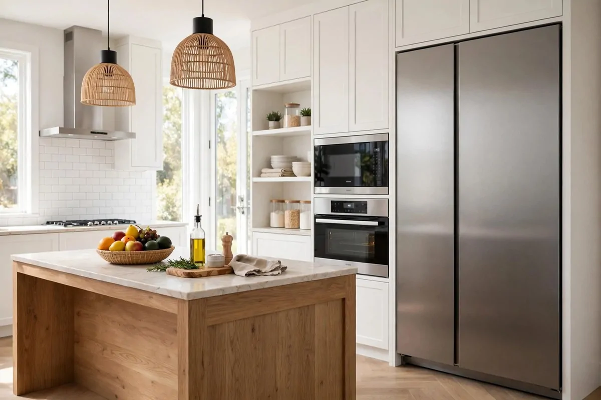 20 Future Home Ideas Everyone Will Want by 2030 12 Bright modern kitchen with a large smart refrigerator and built-in appliances