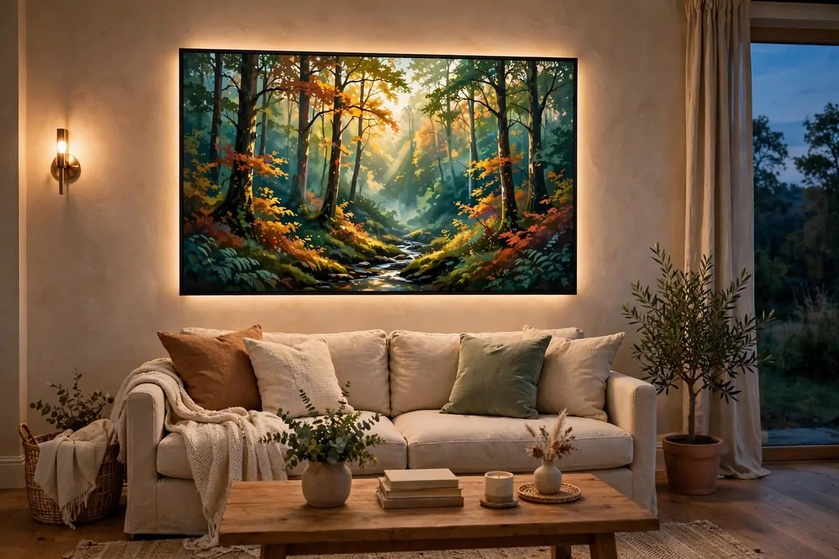 20 Future Home Ideas Everyone Will Want by 2030 13 Living room wall glowing with a large colorful digital art display like a fireplace scene