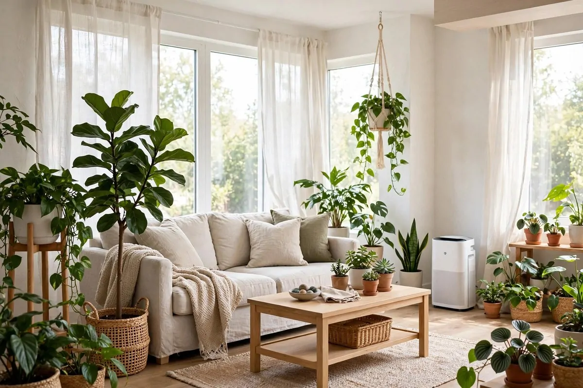 20 Future Home Ideas Everyone Will Want by 2030 14 Airy living room filled with green plants and bright light with a sleek air purifier in the corner