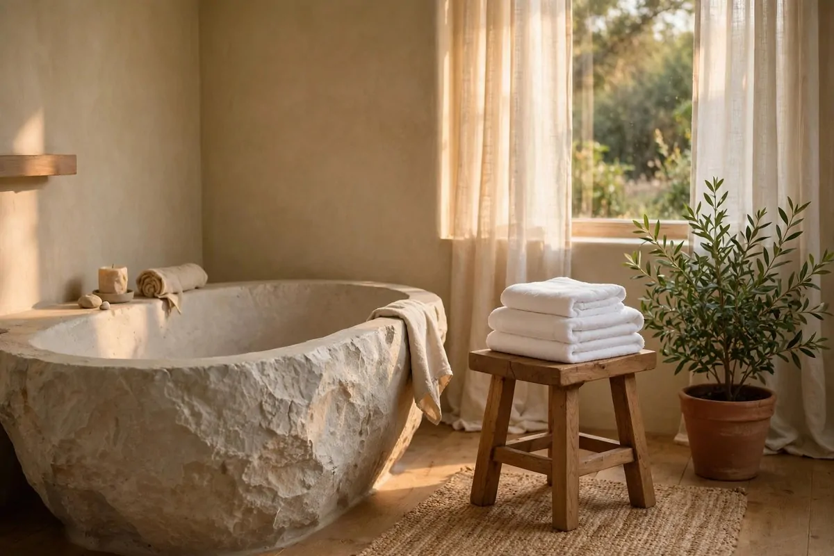 20 Future Home Ideas Everyone Will Want by 2030 15 Calm spa-like bathroom with a stone bathtub, soft warm light and folded towels