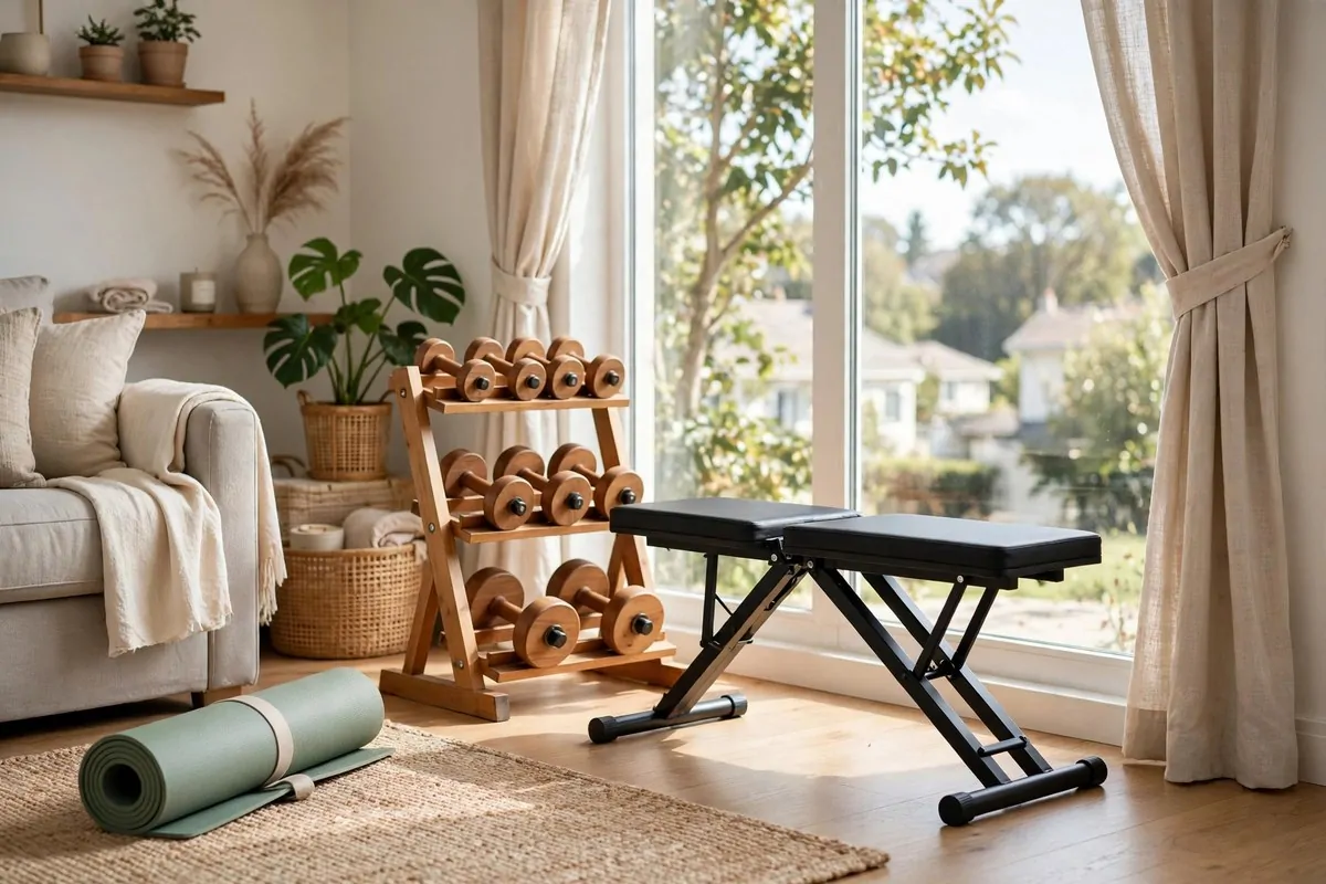 20 Future Home Ideas Everyone Will Want by 2030 16 Bright home gym corner with a yoga mat, dumbbells on a rack and a foldable bench near a window