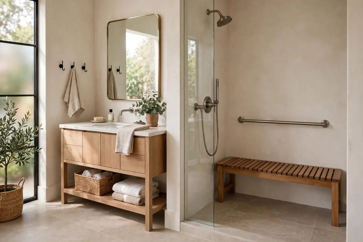 20 Future Home Ideas Everyone Will Want by 2030 17 Accessible modern bathroom with a walk-in shower, grab rail and wooden bench