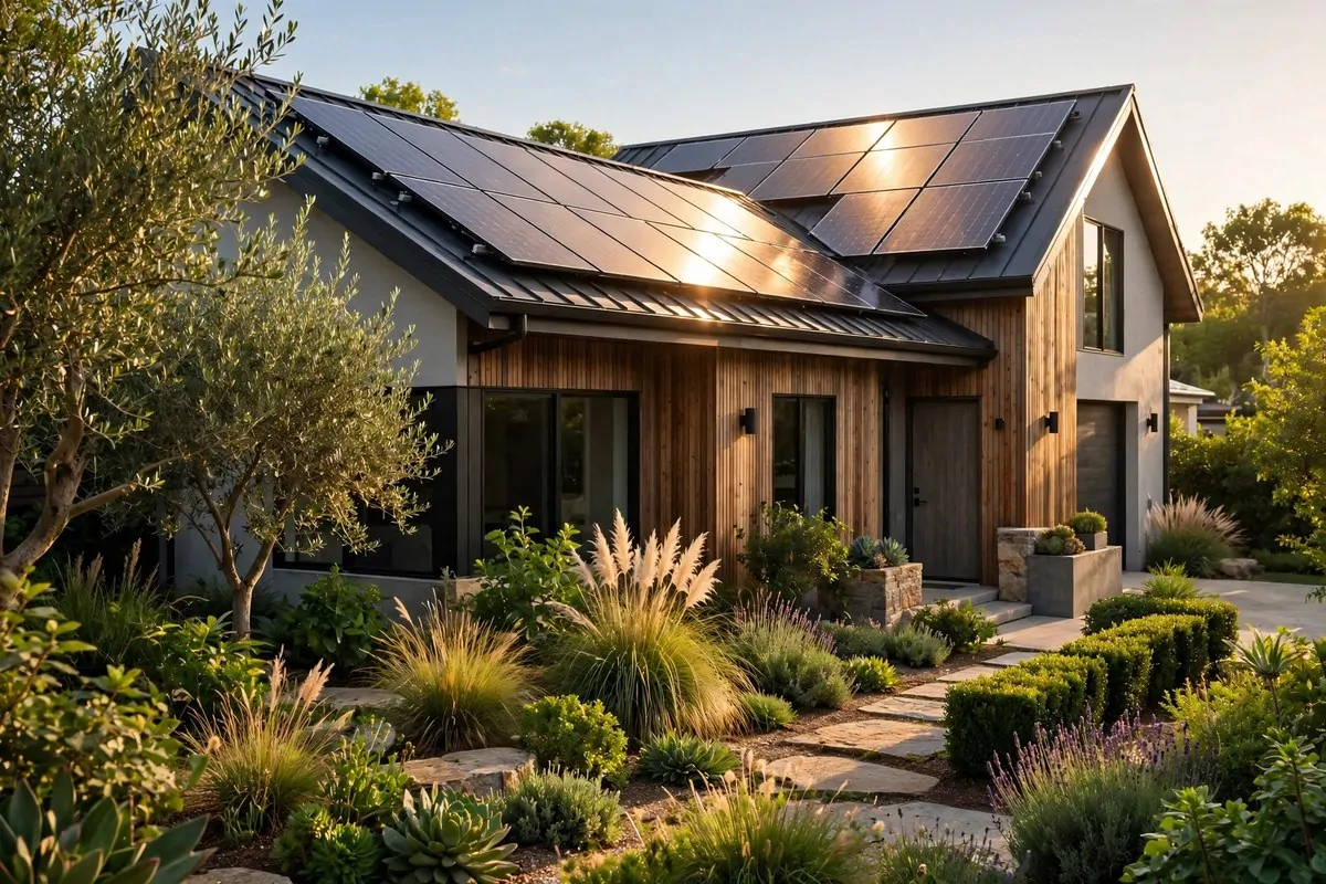 20 Future Home Ideas Everyone Will Want by 2030 18 Modern house roof with solar panels glowing in golden afternoon light