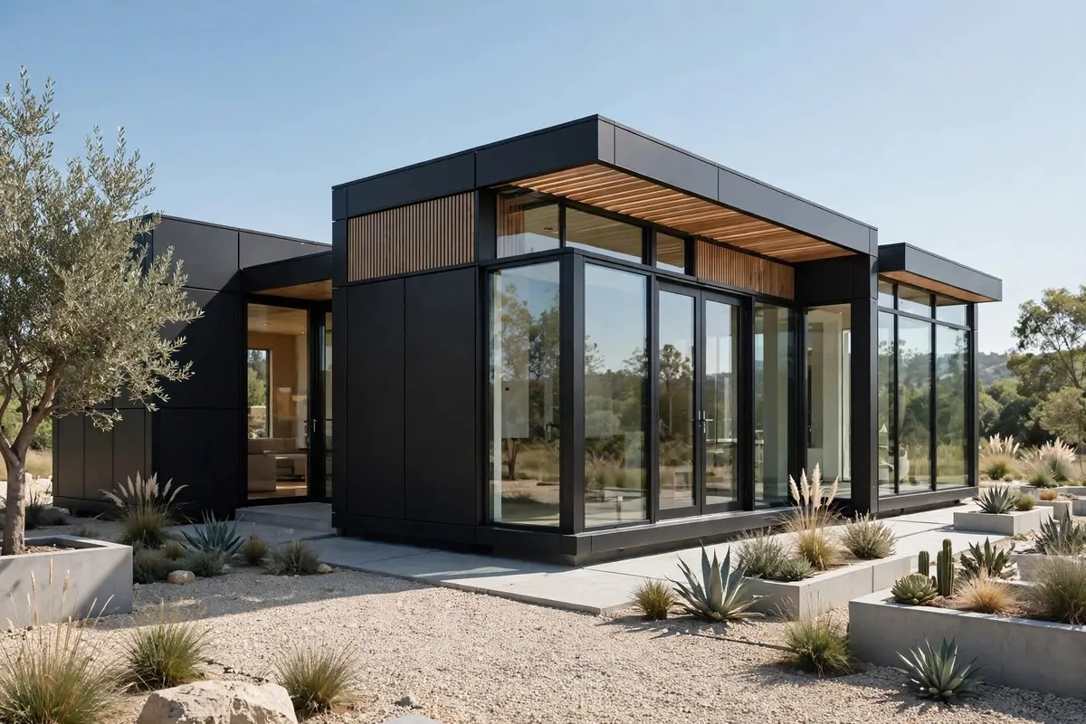 20 Future Home Ideas Everyone Will Want by 2030 19 Sleek modern modular home with large glass walls and clean lines in daylight