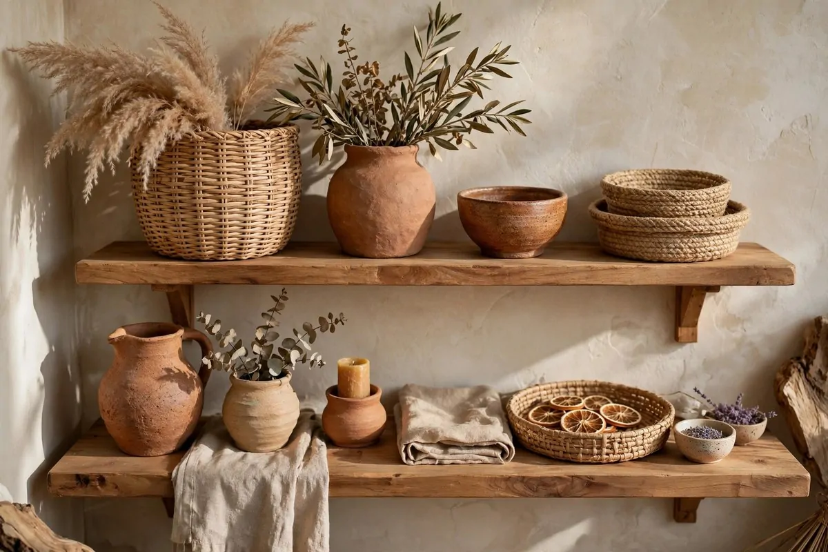 20 Future Home Ideas Everyone Will Want by 2030 20 Wooden shelf with handmade clay pottery, woven baskets and warm decorative objects