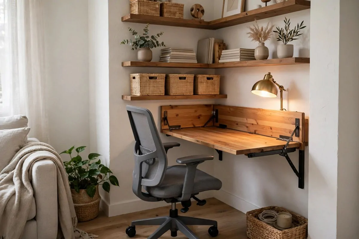 20 Future Home Ideas Everyone Will Want by 2030 21 Compact home office nook with a fold-down desk, ergonomic chair and warm lamp in a living room corner
