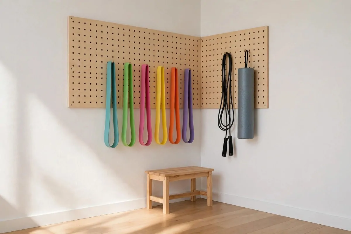 An empty corner with a wooden pegboard mounted on the wall holding hanging resistance bands, jump ropes and a foam roller, a small bench below, no people
