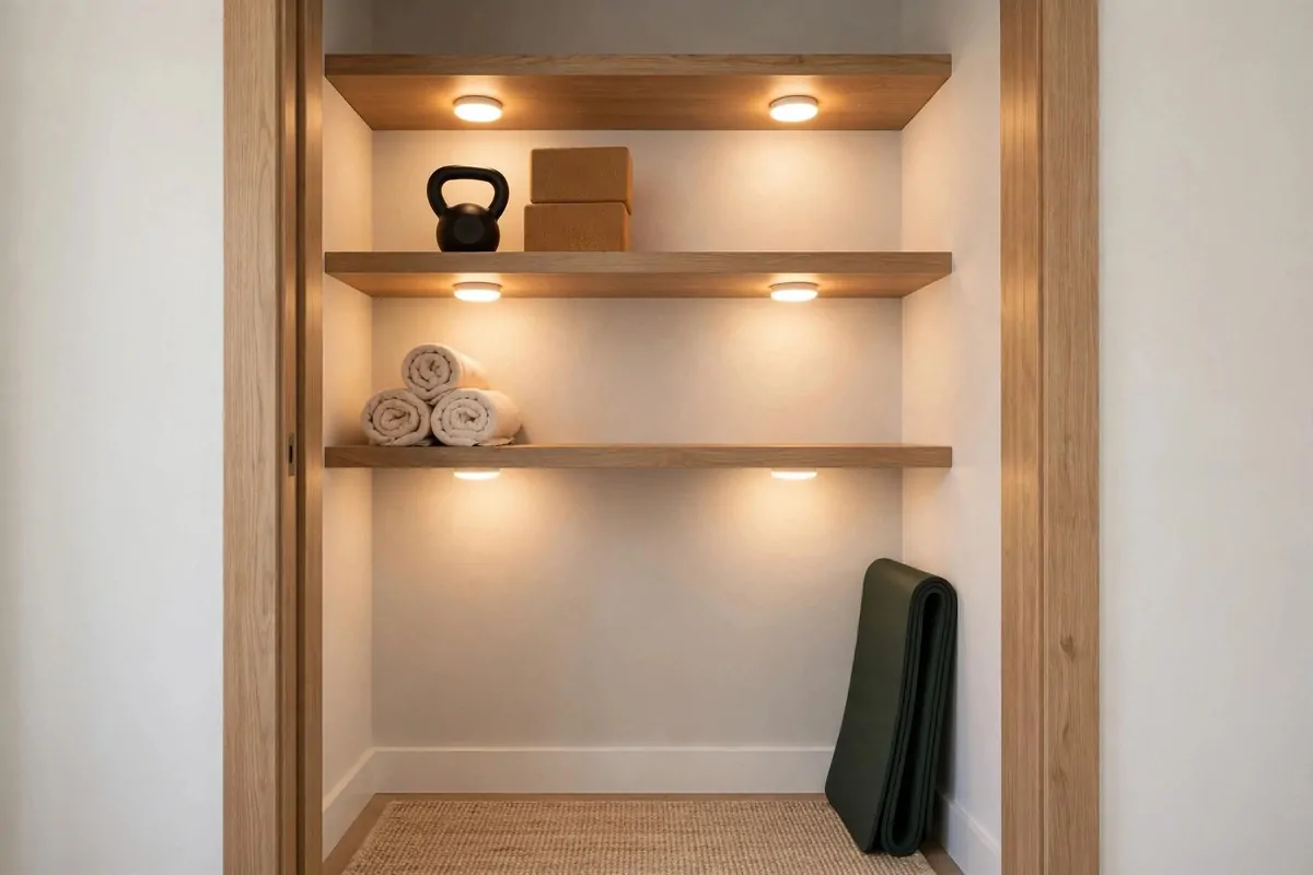 An empty reach-in closet with doors removed, converted into a workout alcove with floating shelves holding a kettlebell and yoga blocks, battery puck lights under the shelves, a folded mat leaning inside, no people