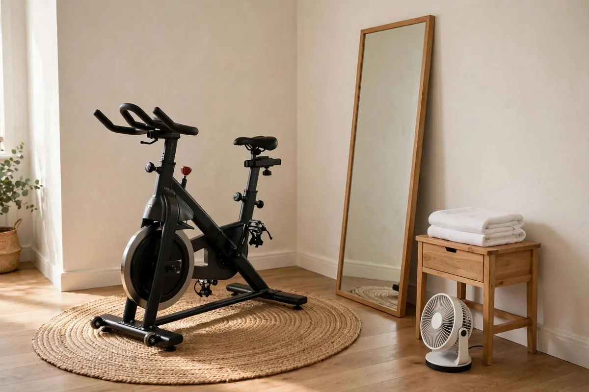 An empty bedroom corner with a stationary spin bike placed on a woven rug, a full length mirror on the adjacent wall, a small side table with a folded towel, no people
