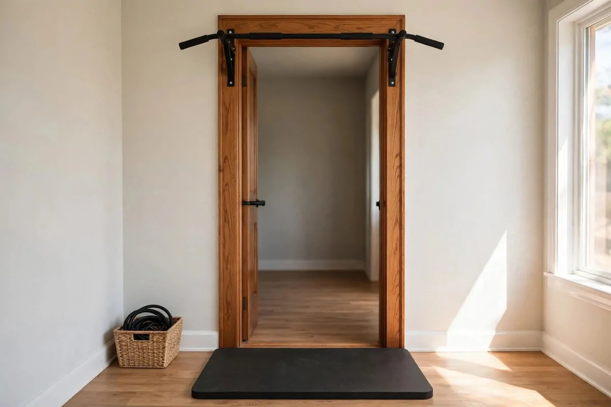 An empty home interior showing a doorway with a pull-up bar mounted across the frame and a thick exercise mat laid on the floor beneath it, no people