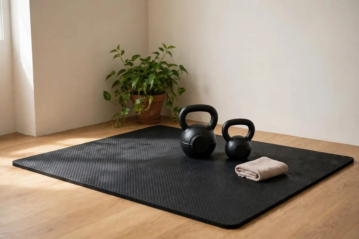An empty corner of a room with a thick black rubber gym mat on the floor and two kettlebells of different sizes resting on it, a small plant in the corner, no people