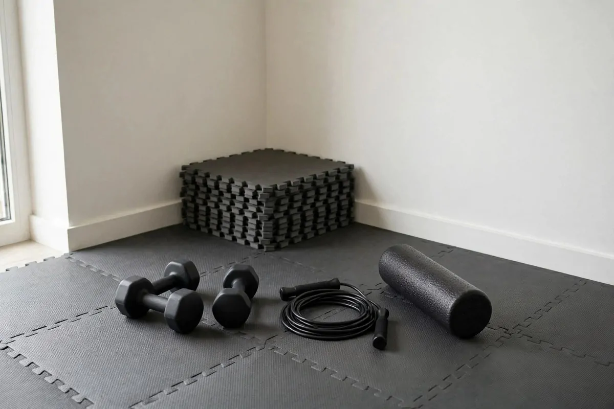 An empty apartment corner covered with interlocking foam gym tiles, a pair of dumbbells, a jump rope and a foam roller neatly arranged on top, no people