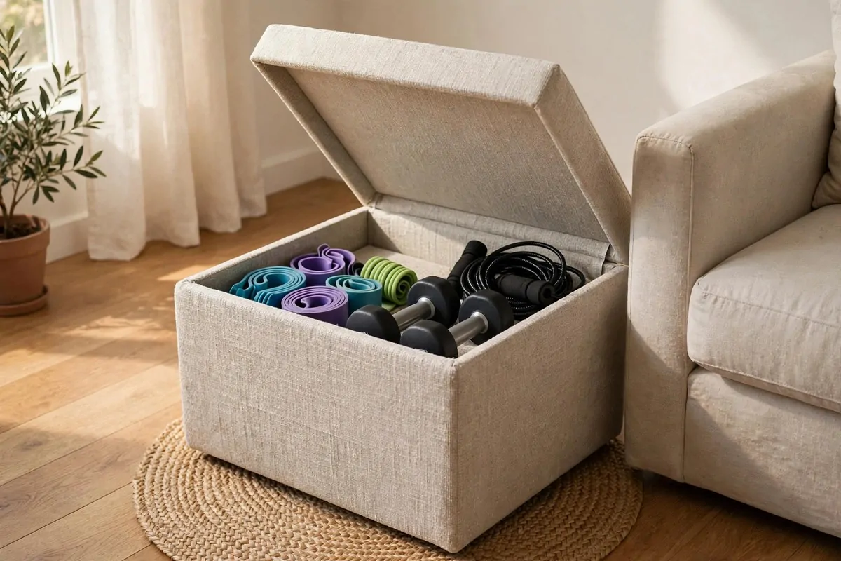 An empty living room corner with a stylish storage ottoman, its lid open showing neatly stored resistance bands, dumbbells and a jump rope inside, a small rug under it, no people