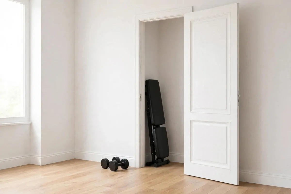 An empty room showing a foldable weight bench folded flat and stored upright behind an open door, a pair of dumbbells beside it, no people
