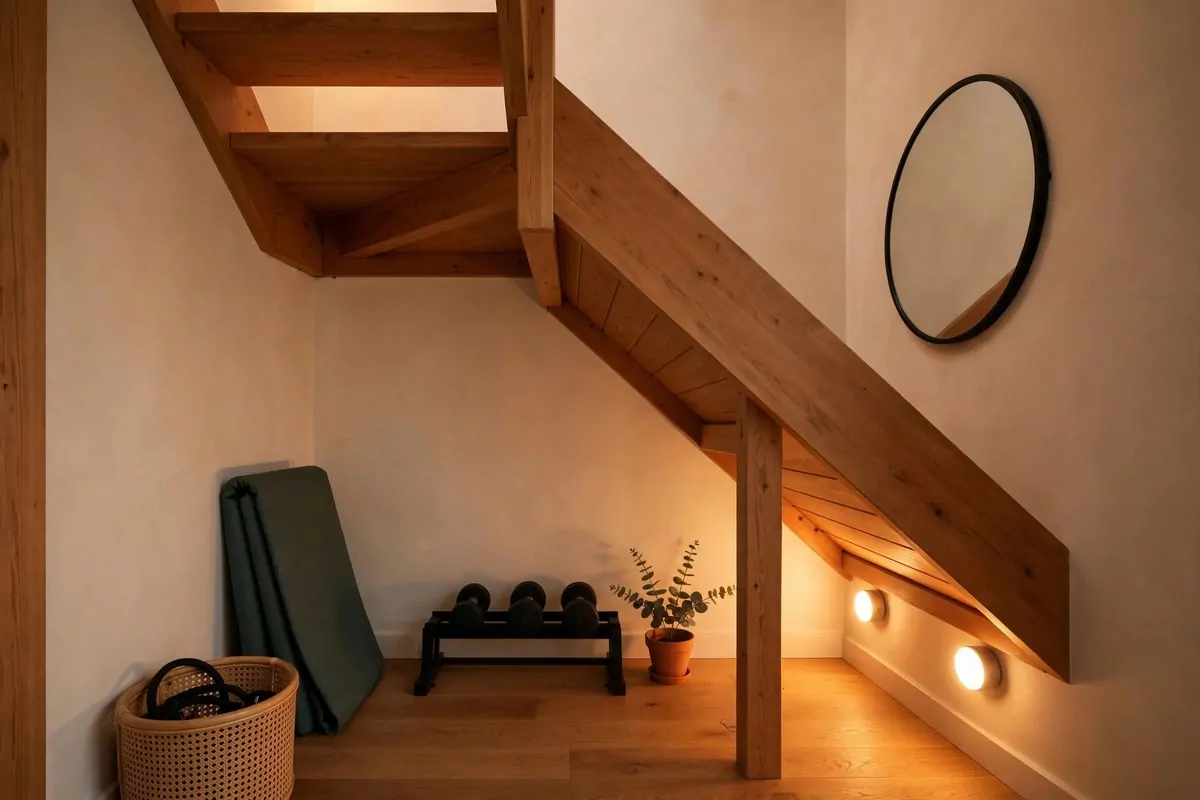 An empty under-staircase nook converted into a small workout area with a low dumbbell rack, a round mirror on the slanted wall, and a folded mat leaning nearby, no people