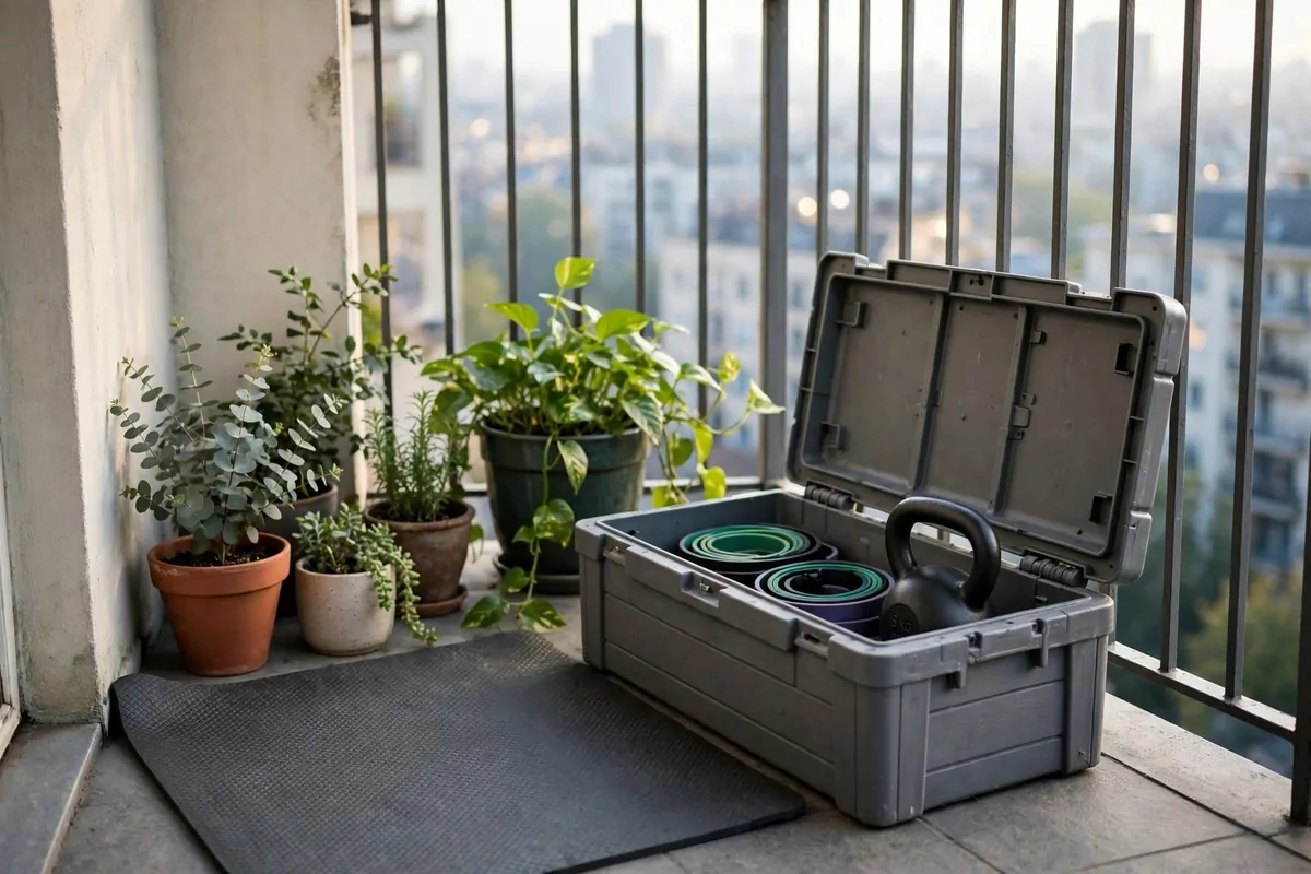 An empty small apartment balcony corner with a non slip exercise mat, a kettlebell and resistance bands neatly stored in a weatherproof box, potted plants around, no people