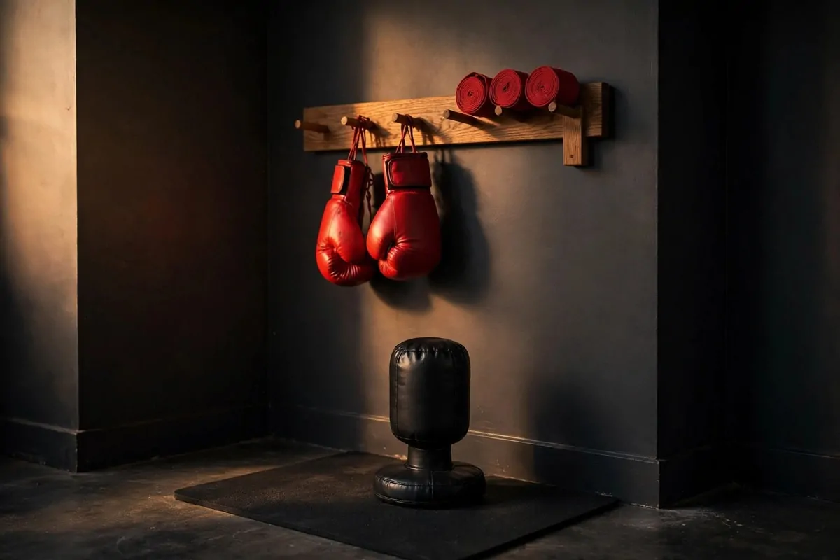 An empty corner with a dark painted accent wall, a wall mounted rack holding boxing gloves and hand wraps, a small freestanding punch bag on a mat, no people