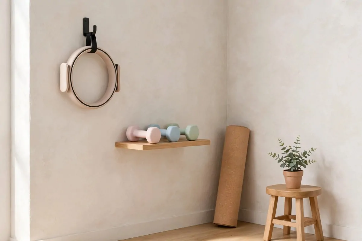 An empty calm corner with a pilates ring hanging on a wall hook, a set of soft coated dumbbells and a rolled yoga mat, a small plant on a stool, no people