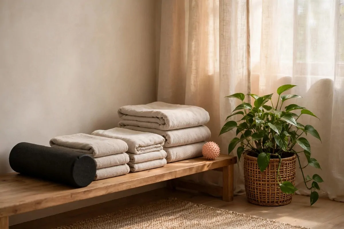 An empty cozy corner with a foam roller, a massage ball and folded towels arranged on a small shelf, a leafy potted plant beside it, soft daylight, no people